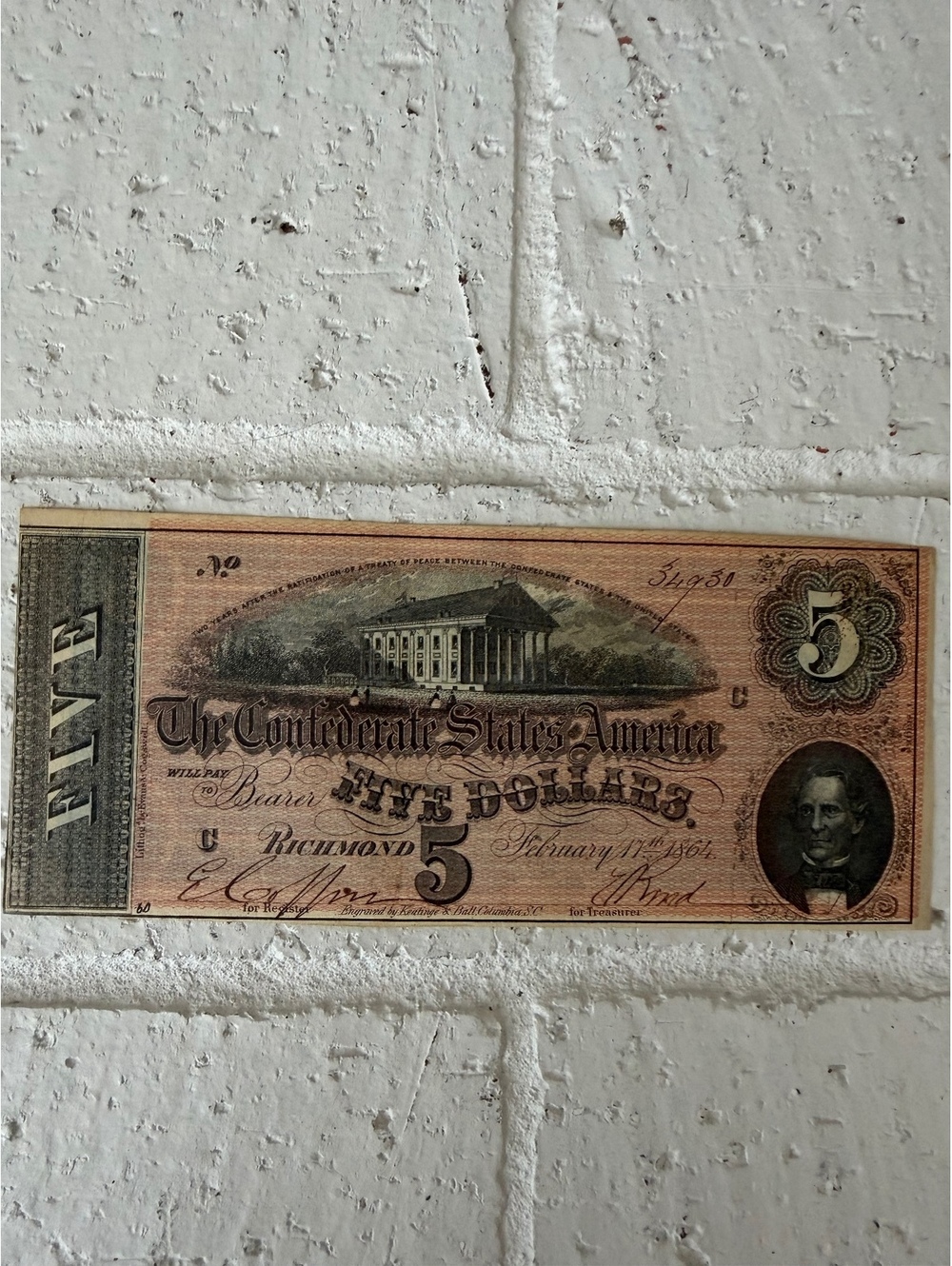 Rare Confederate States of America $5 Note, Richmond, 1861, Historical Collector